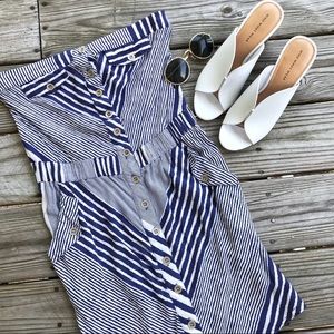 Blue & White Striped Strapless Dress